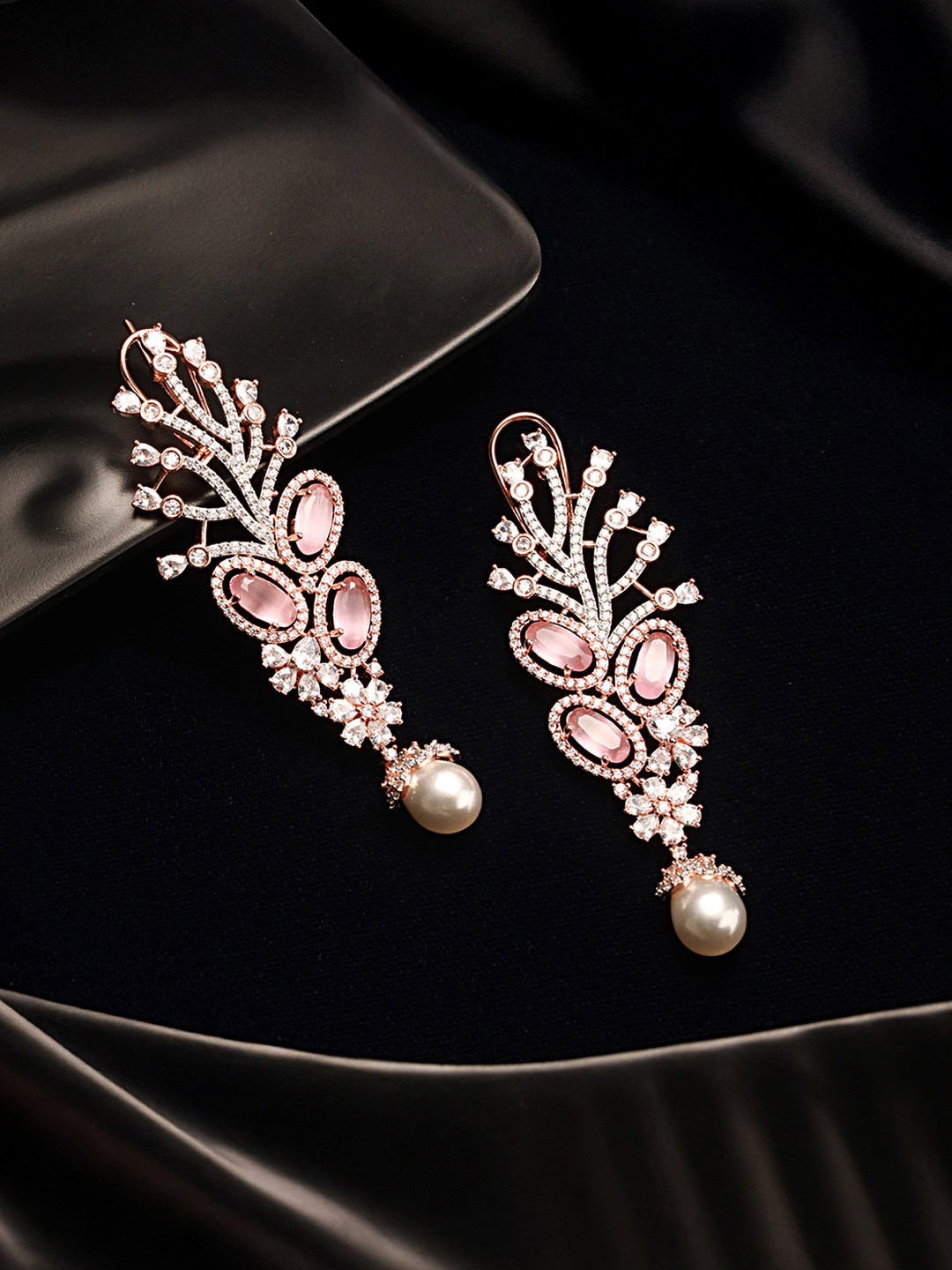 Saraf RS Jewellery Handcrafted Rose Gold Plated Pink American Diamonds Drop Earrings
