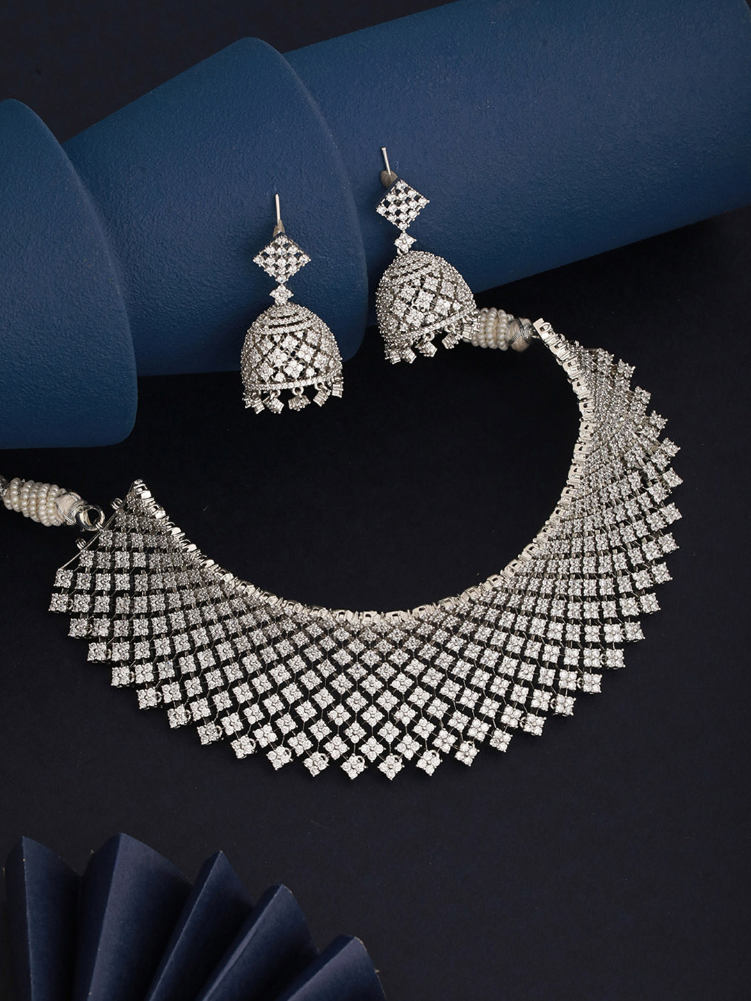 Saraf RS Jewellery Silver-Plated White AD Choker Jewellery Set with Earrings