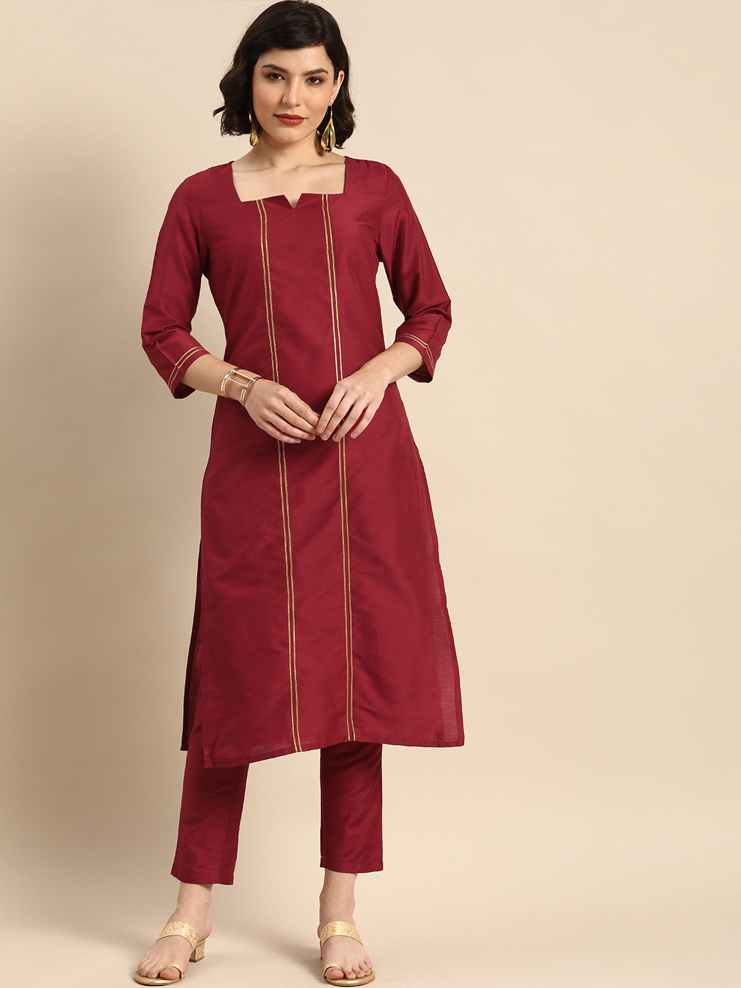 Anouk Women Maroon Solid Kurta with Trousers