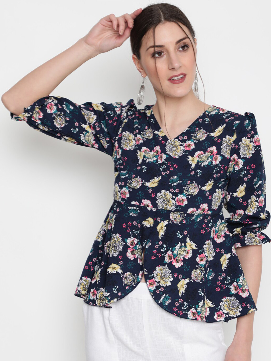 AKIMIA Navy Blue & Beige Floral Print Crepe Peplum Top