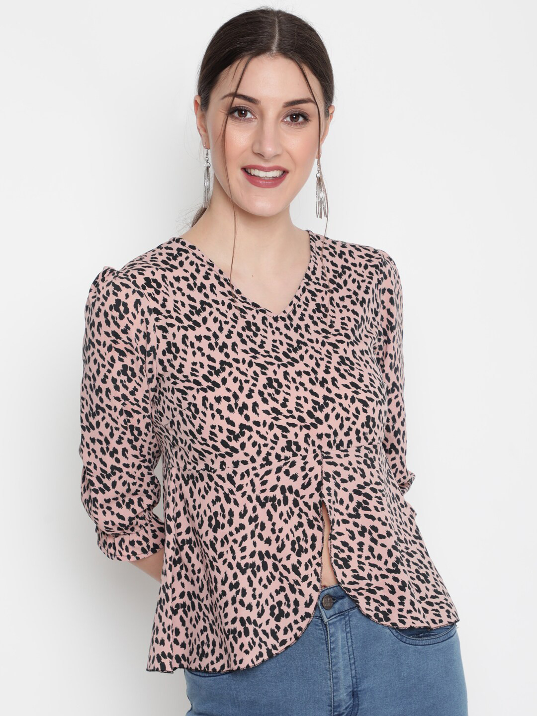 AKIMIA Peach-Coloured Animal Printed Crepe Top