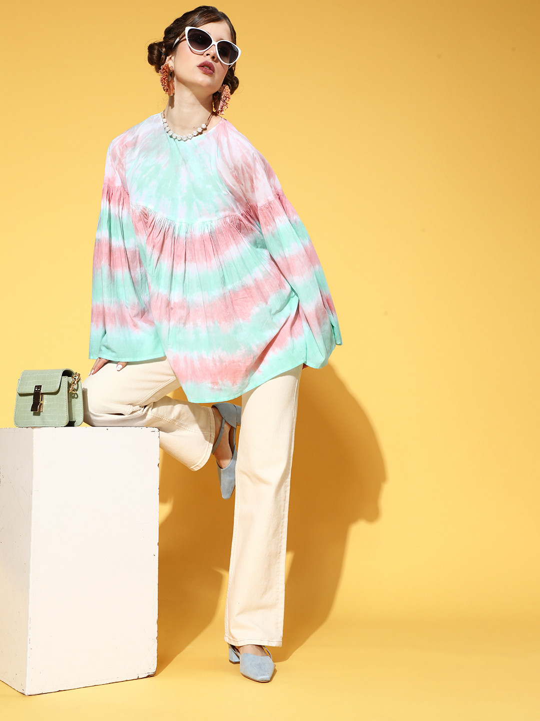 Prakrti Women Elegant Coral Tie and Dye Swirling Volume Top