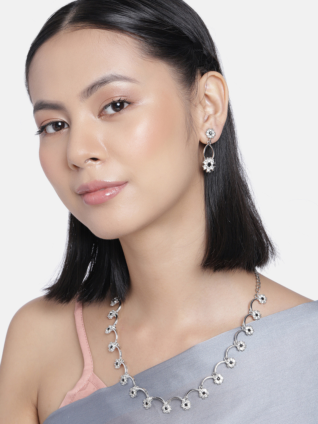 AccessHer Silver-Plated Black AD-Studded Jewellery Set