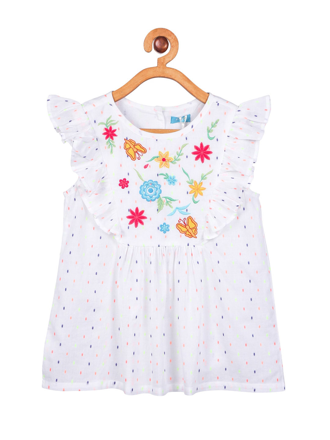 Miyo White & Blue Floral Embroidered Pure Cotton Top