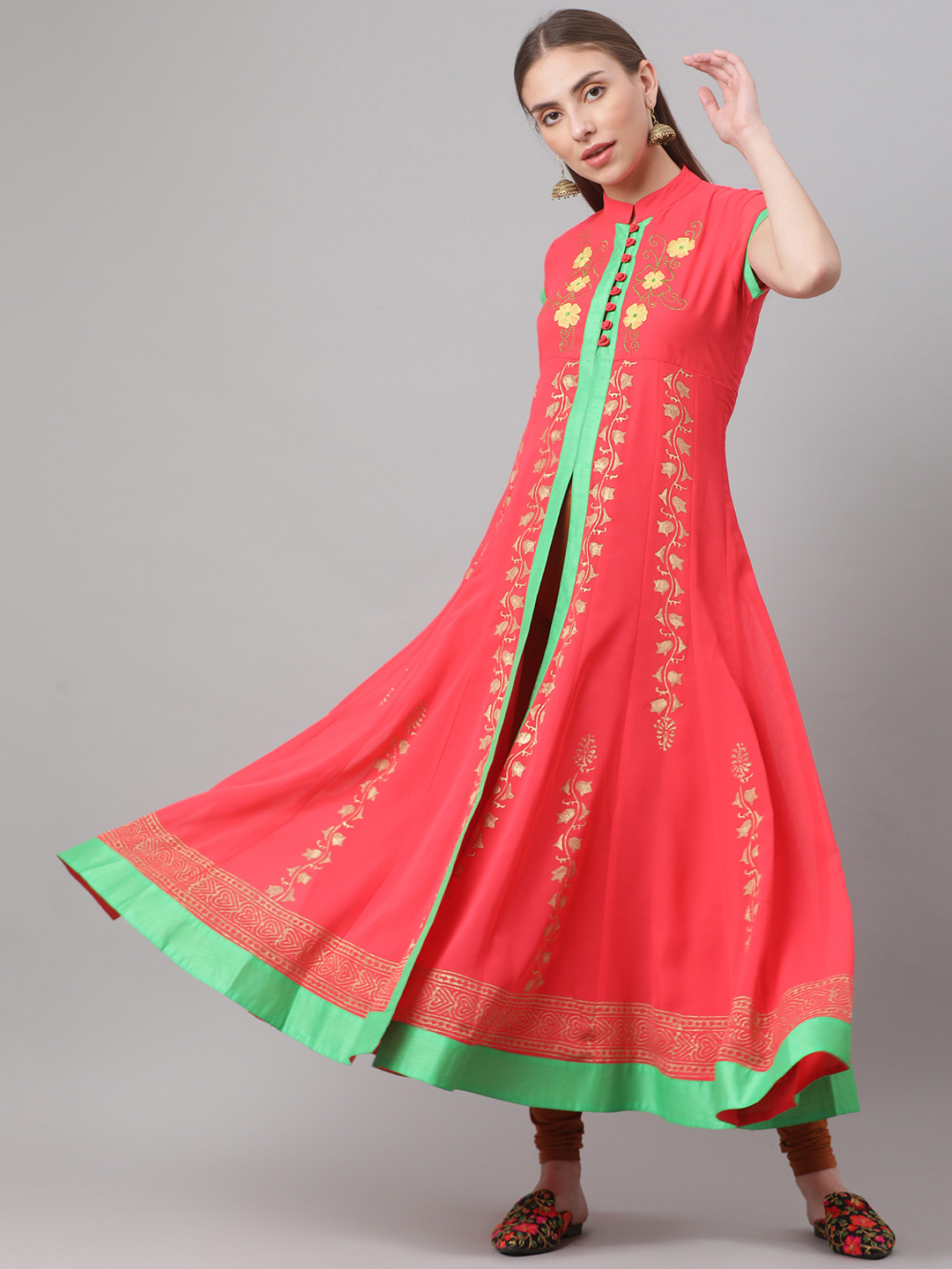 MBE Women Orange & Green Floral Embroidered Floral Anarkali Kurta