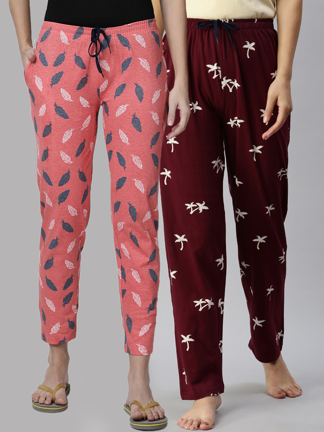 Kryptic Women Coral & Maroon Pack Of 2 Printed Pure Cotton Lounge Pants