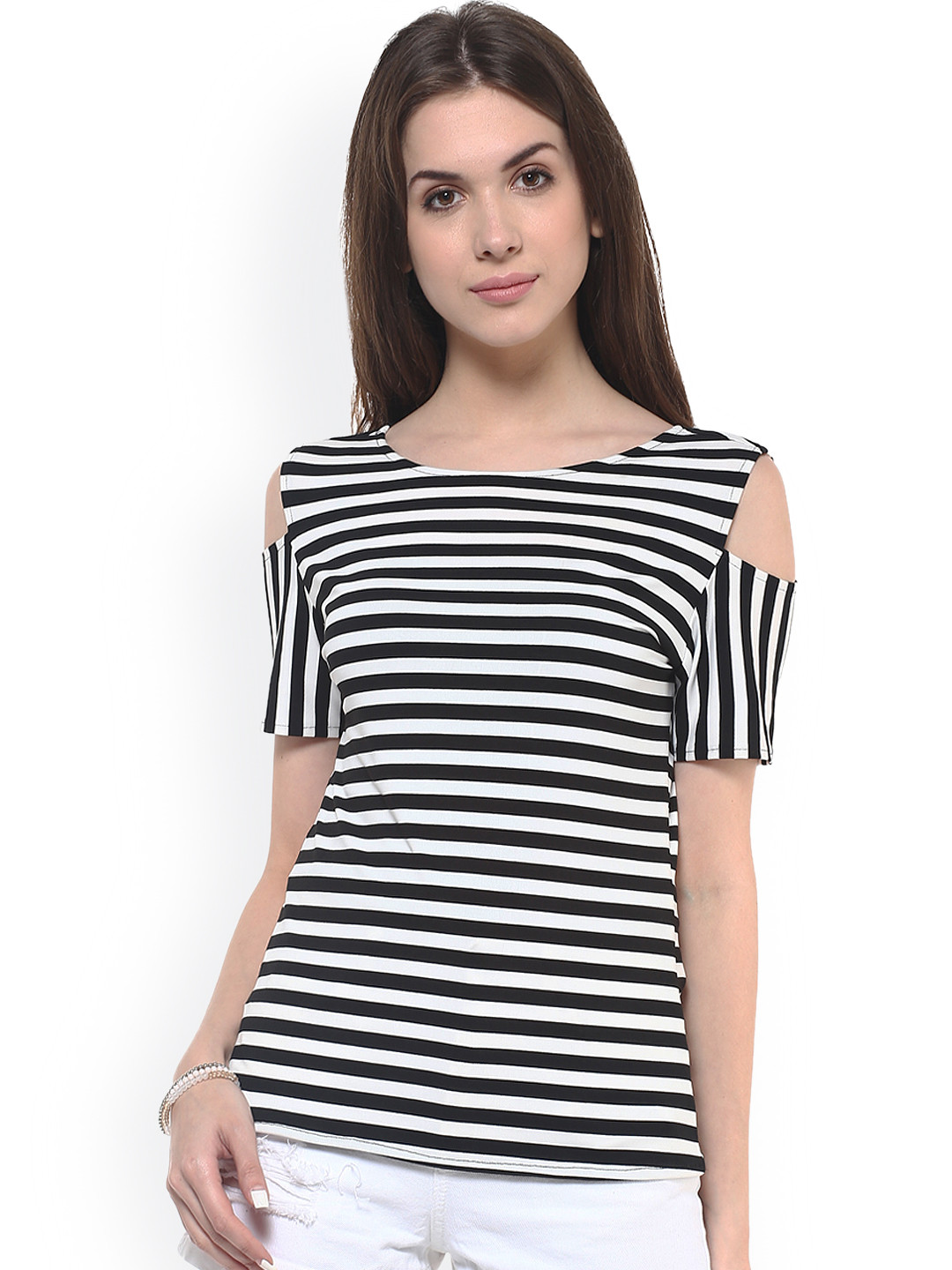 Zima Leto Women Black & White Striped Regular Cold-Shoulder Top