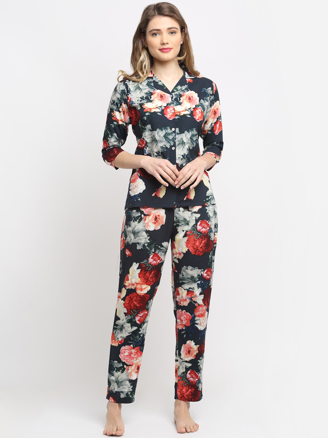 Boston Club Women Navy Blue & Pink Printed Night suit