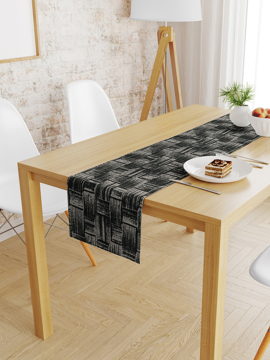 S9home by Seasons Black & Grey Geometric Chenille Jacquard 6 Seater Table Runner