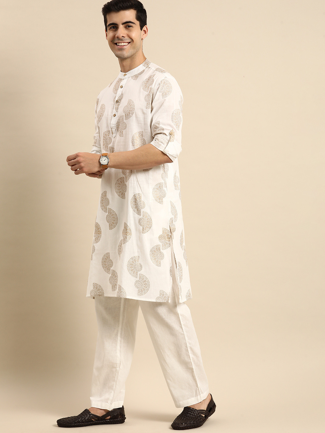 Anouk Men Off White Ethnic Motifs Printed Pure Cotton Kurta with Pyjamas