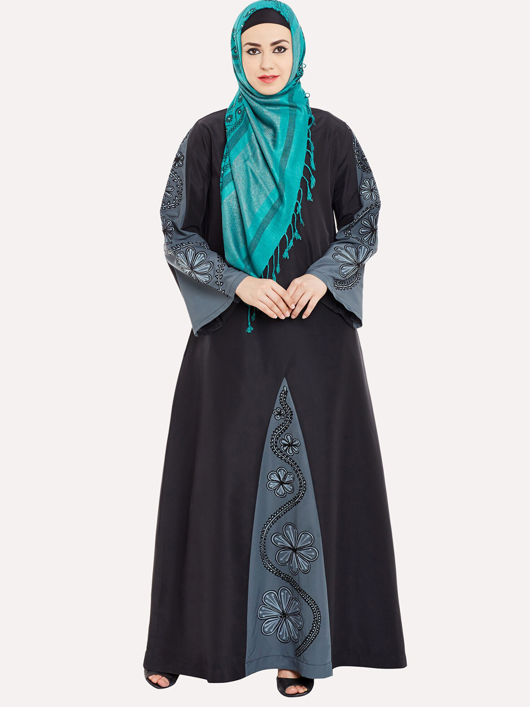 MOMIN LIBAS Women Black & Grey Embroidered Abaya Burqas