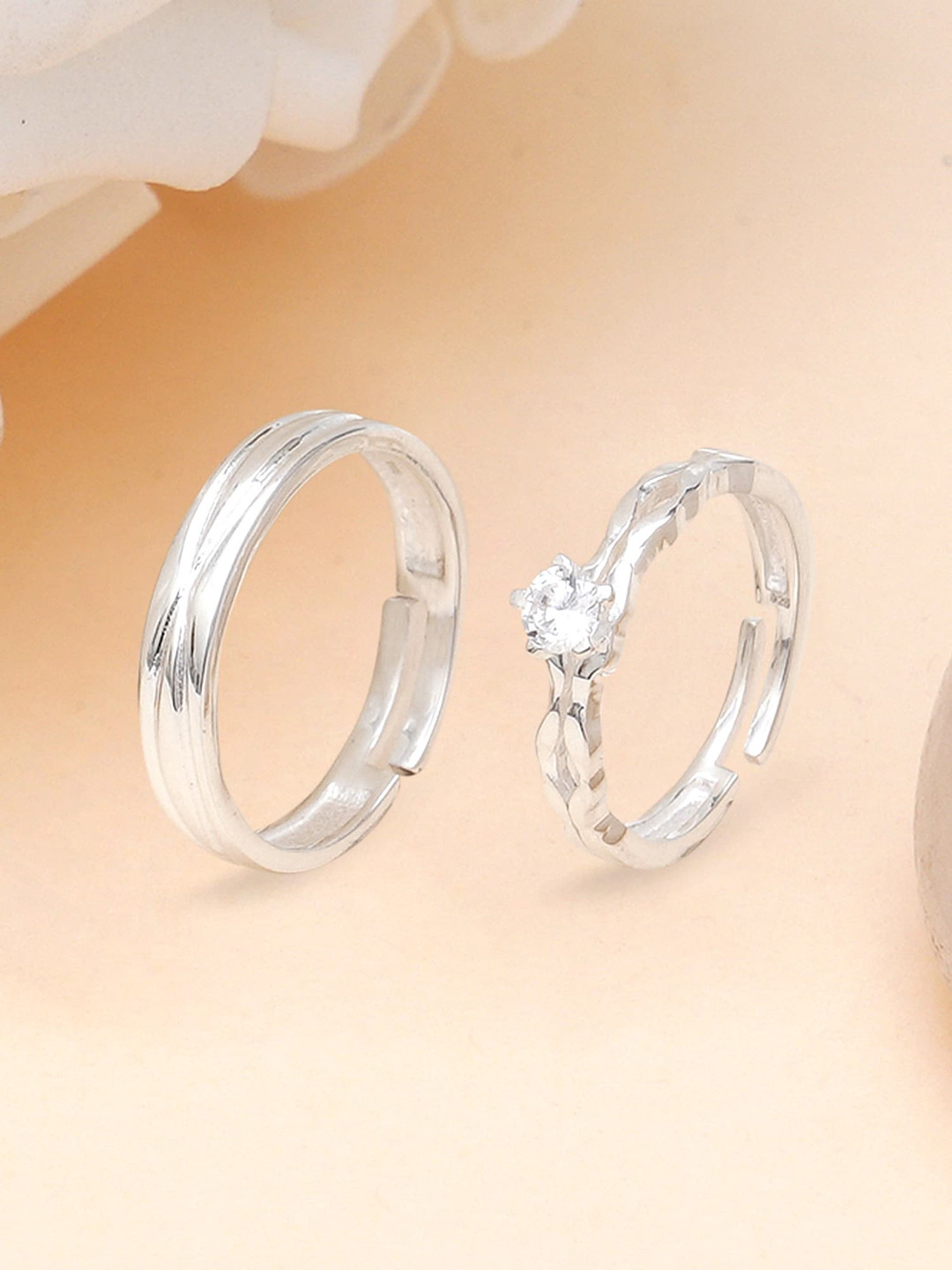 KUNUZ Set Of 2 925 Sterling Silver-Plated White CZ-Studded Adjustable Finger Ring