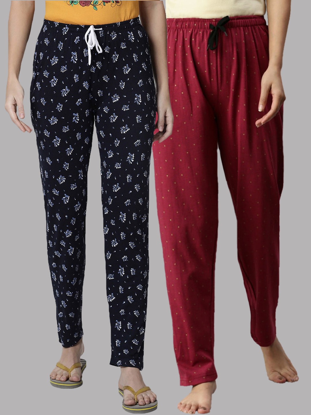 Kryptic Women Navy Blue & Maroon Pack Of 2 Printed Pure Cotton Lounge Pants