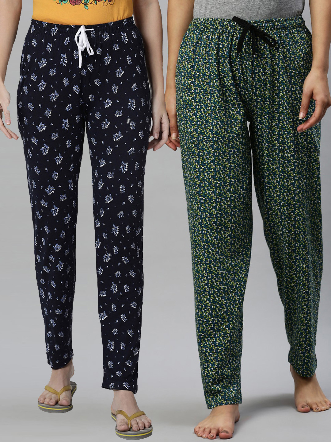 Kryptic Women Pack of 2 Maroon & Green Printed Mid Rise Cotton Lounge Pants