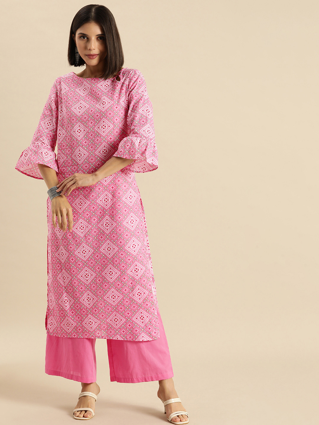 Anouk Women Pink & White Bandhani Printed  Cotton Kurta Set
