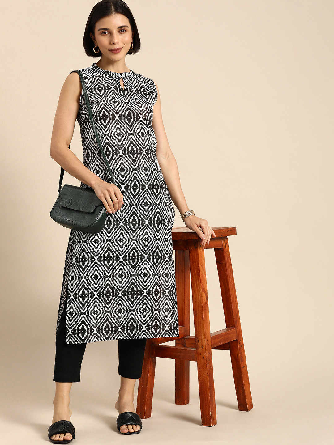 Anouk Women Black & White Printed  Cotton Kurta with Trousers
