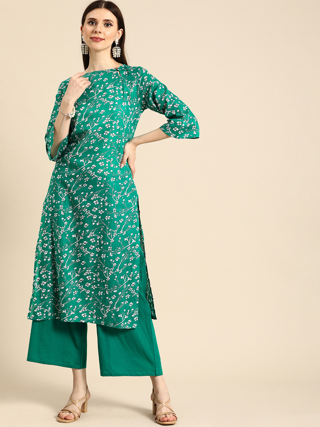 Anouk Women Green & White Floral Printed Bpat Neck Pure Cotton Kurta with Palazzos