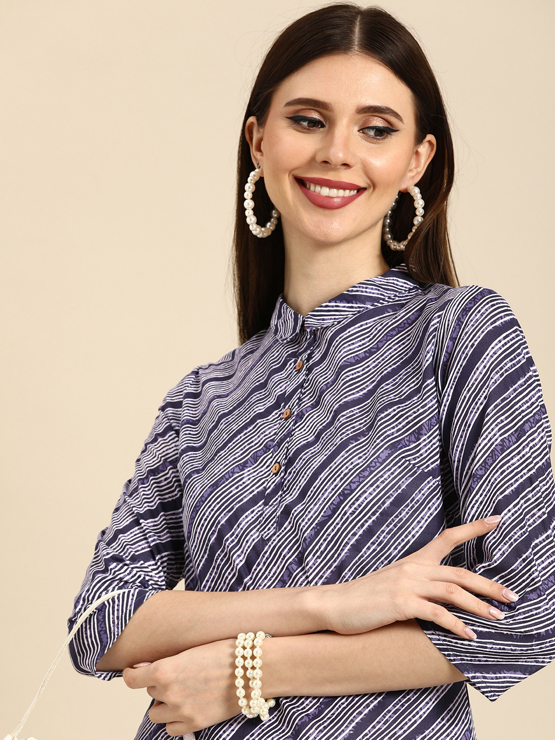 Anouk Women Purple & White Striped And Printed  Cotton Straight Kurta