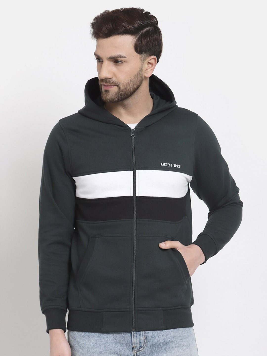 Kalt Men Green & White Striped Hooded Front Open Sweatshirt