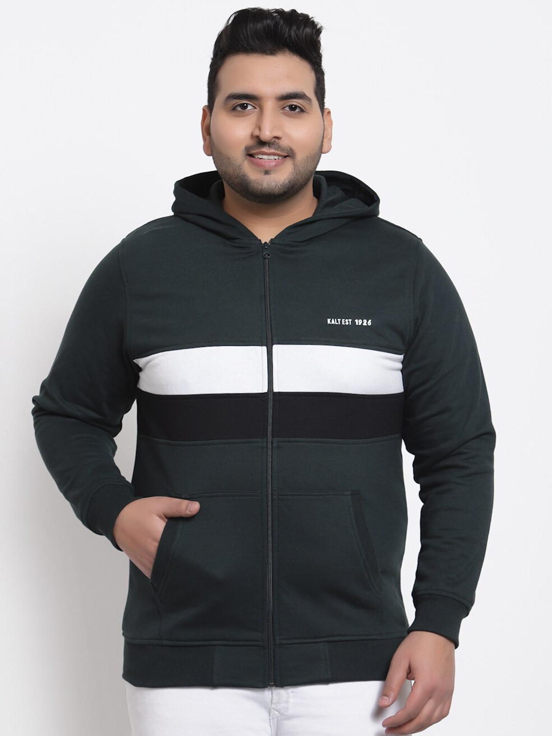 Kalt Men Green & White Striped Fleece Hooded Sweatshirt