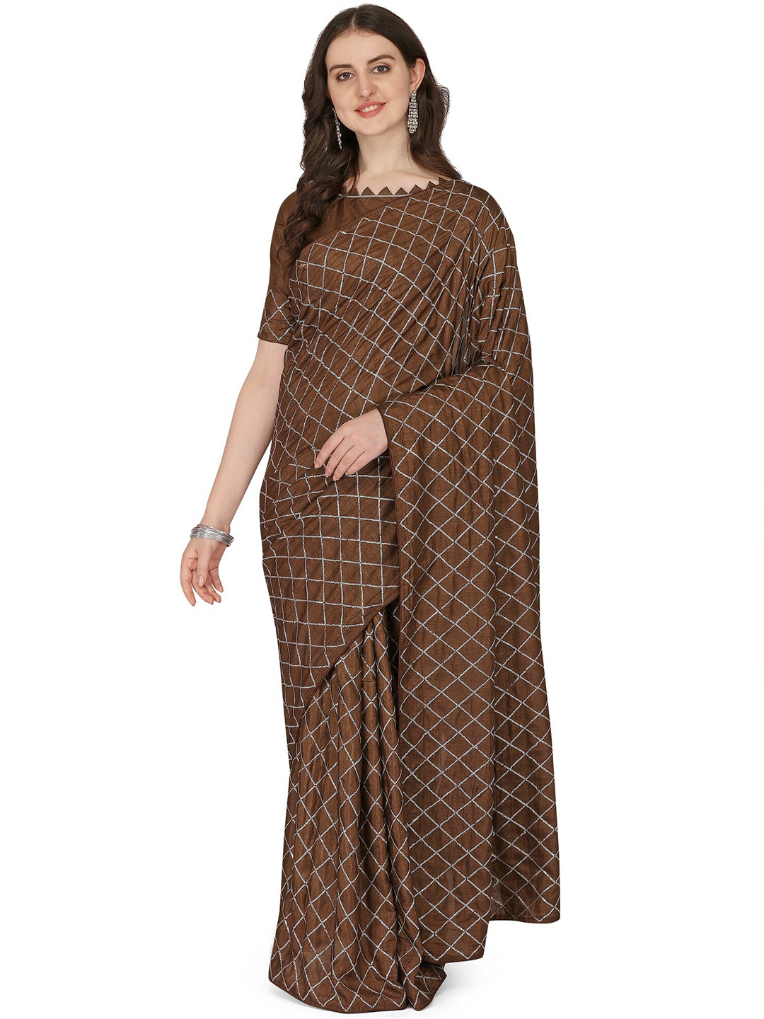KALINI Brown & Silver-Toned Checked Jute Silk Saree