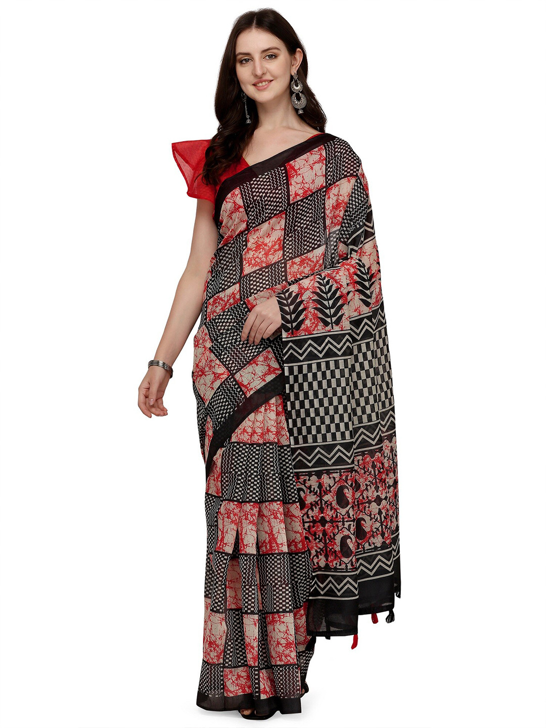 KALINI Black & Red Block Print Linen Blend Saree