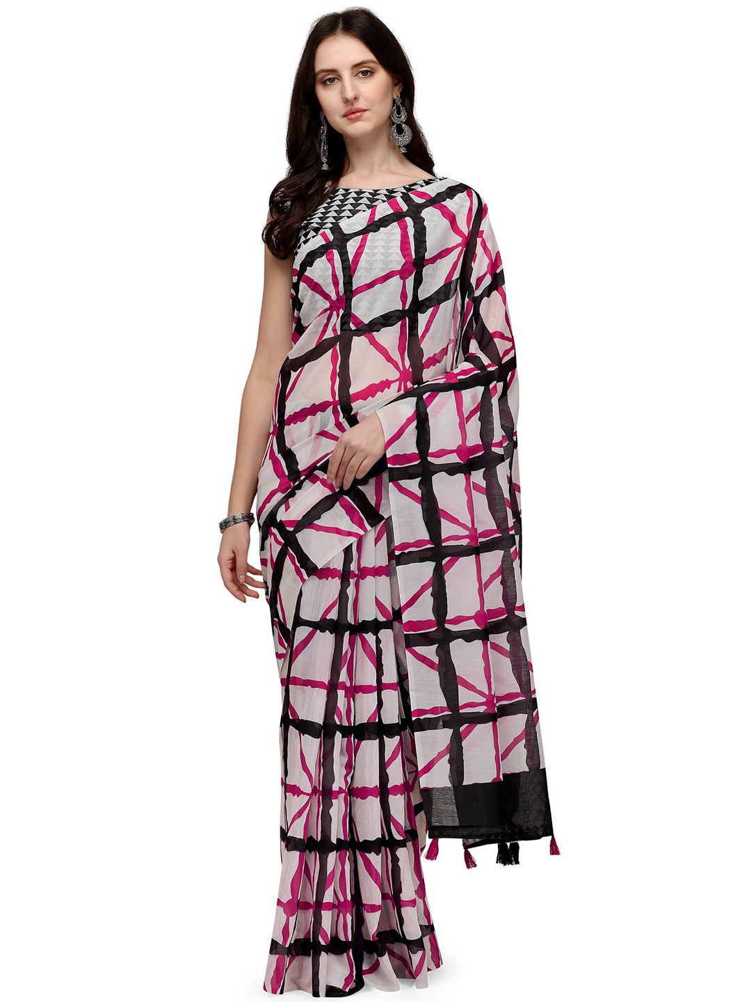KALINI White & Black Linen Blend Block Print Saree