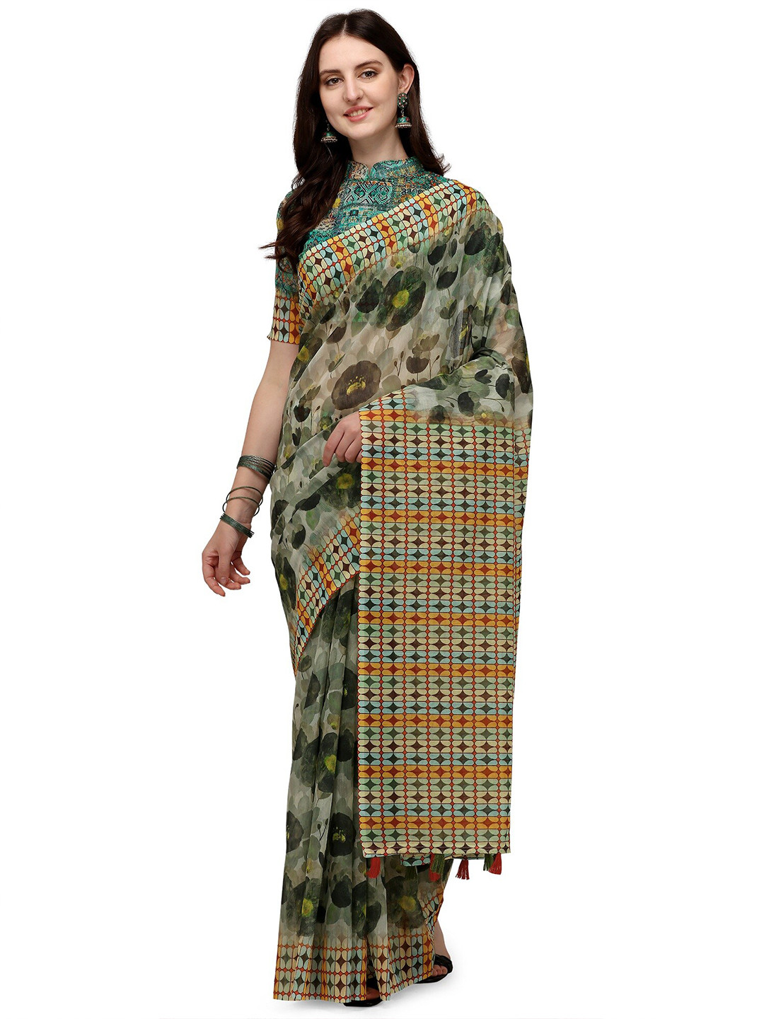 KALINI Green & Blue Linen Blend Block Print Saree