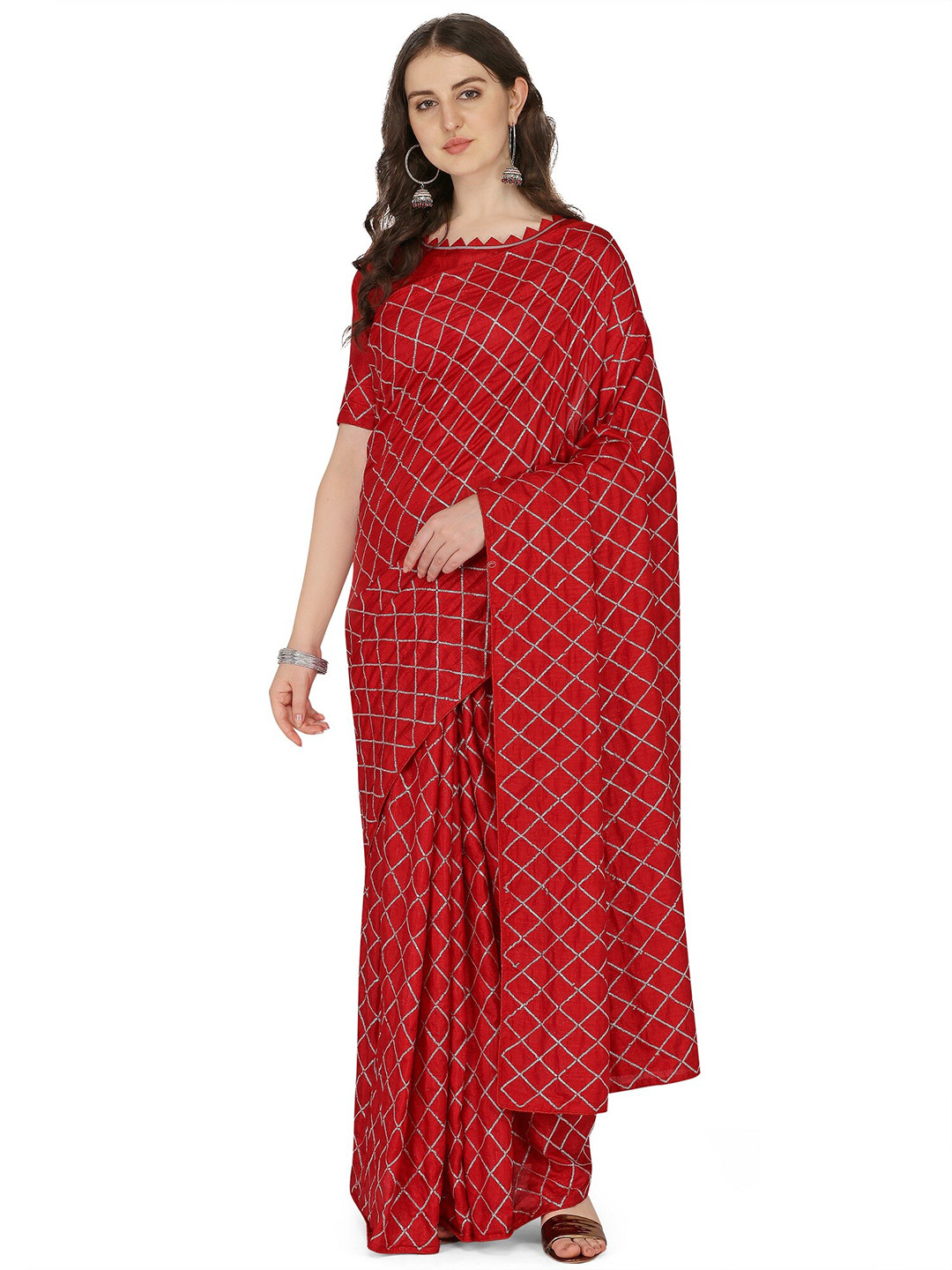 KALINI Red & Silver-Toned Embellished Sequinned Jute Silk Saree
