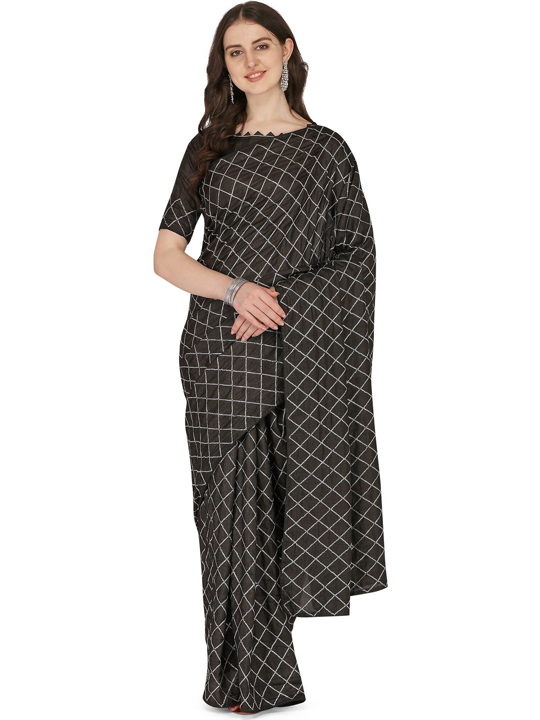 KALINI Black & Silver-Toned Embellished Sequin Jute Silk Saree