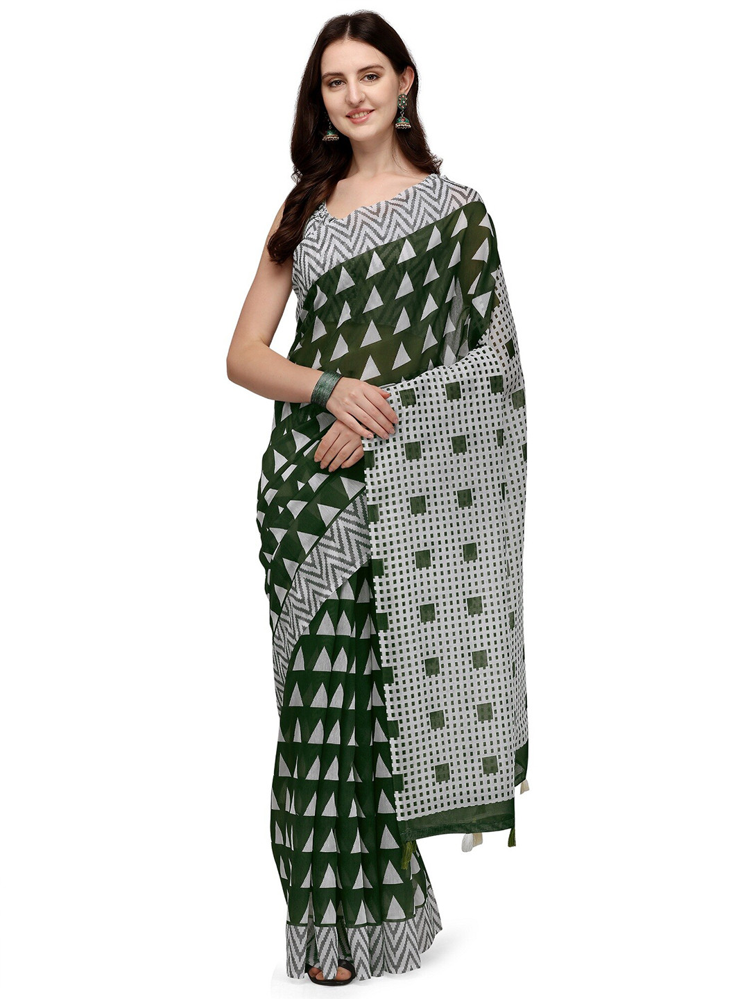 KALINI Green & White Linen Blend Block Print Saree