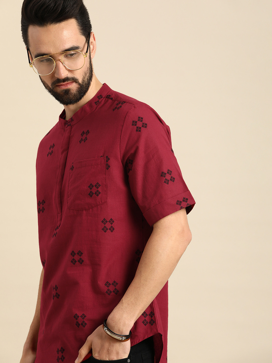 Anouk Men Red & Black Geometric Printed Short Kurta