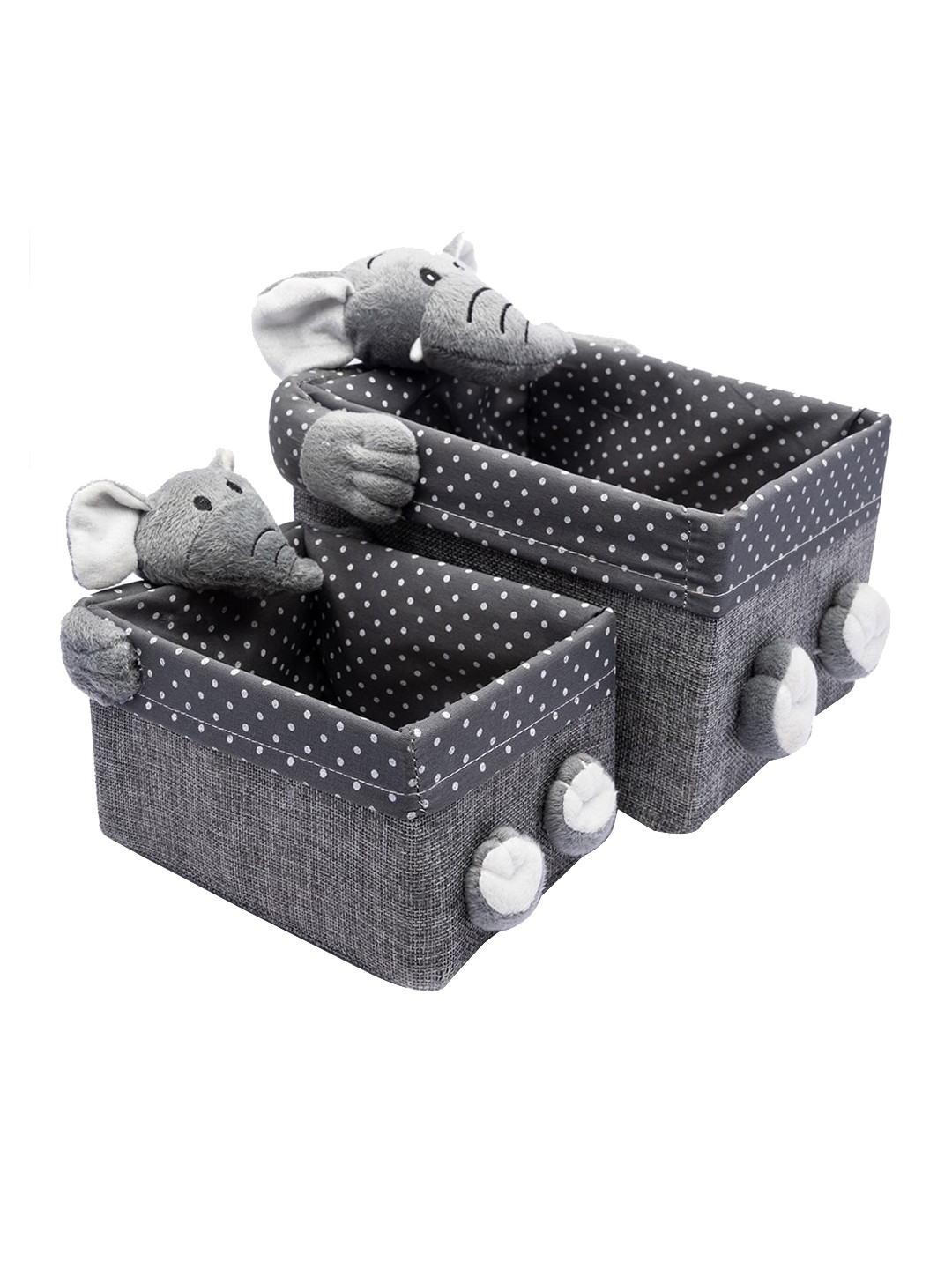 MARKET99 Grey Set Of 2 Printed & Elephant-Shaped Fabric Baskets