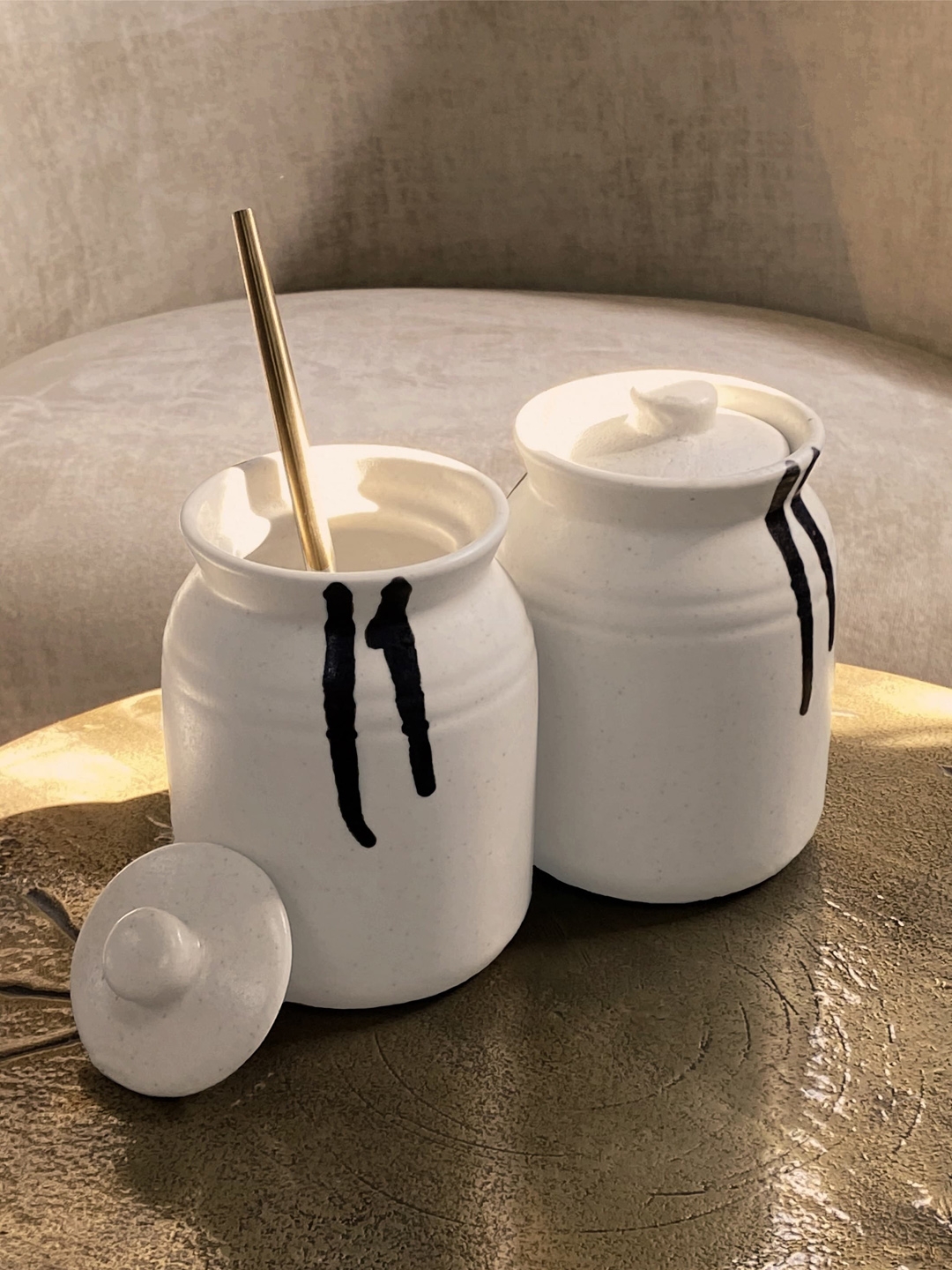 Folkstorys Set Of 2 Cream Hand-painted Ceramic Storage Jar