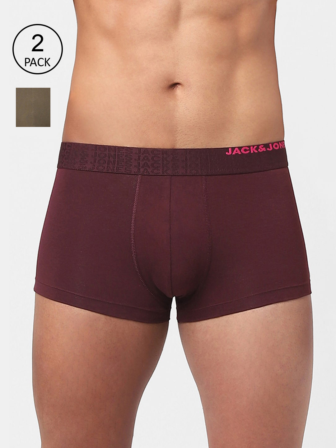 Jack & Jones Men Pack Of 2 Olive & Maroon Solid Mid Rise Cotton Trunks