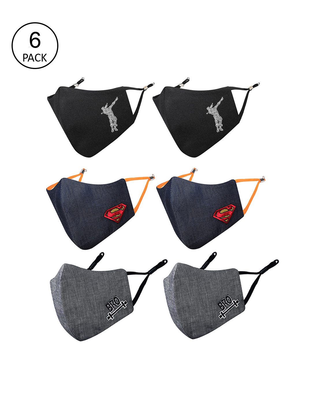 MASQ Kids Unisex Pack of 6 Navy Blue & Black Cotton Face Masks