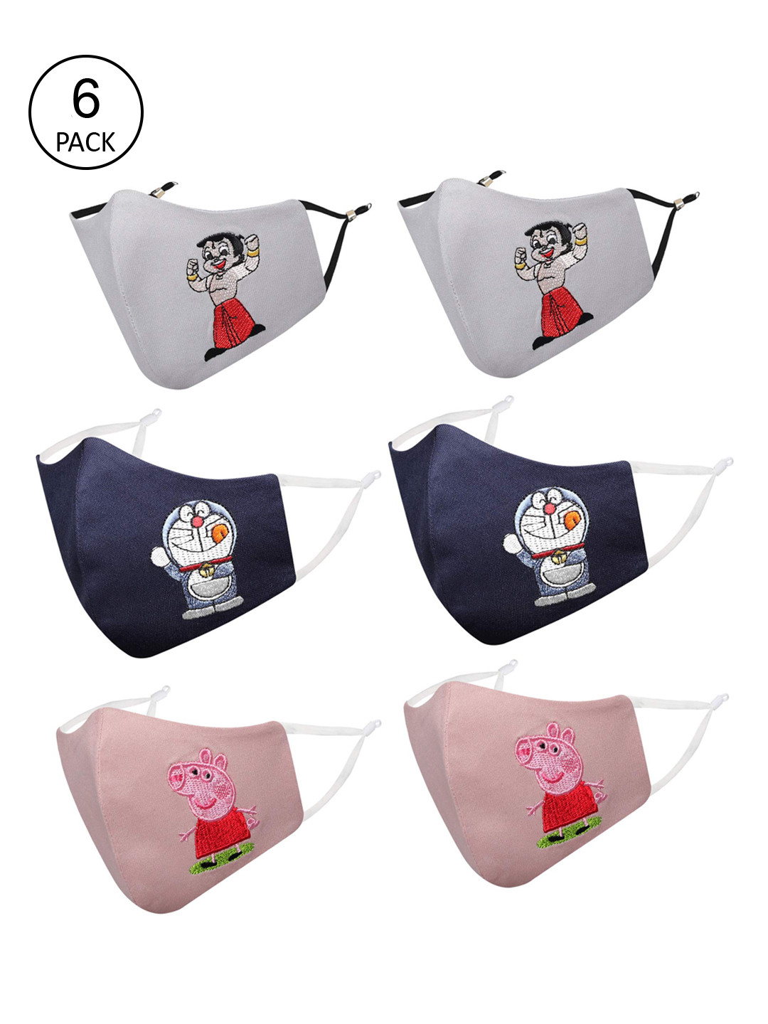 MASQ Kids Pack Of 6 Blue & Pink Cartoon Characters 4-Ply Reusable Outdoor Face Mask