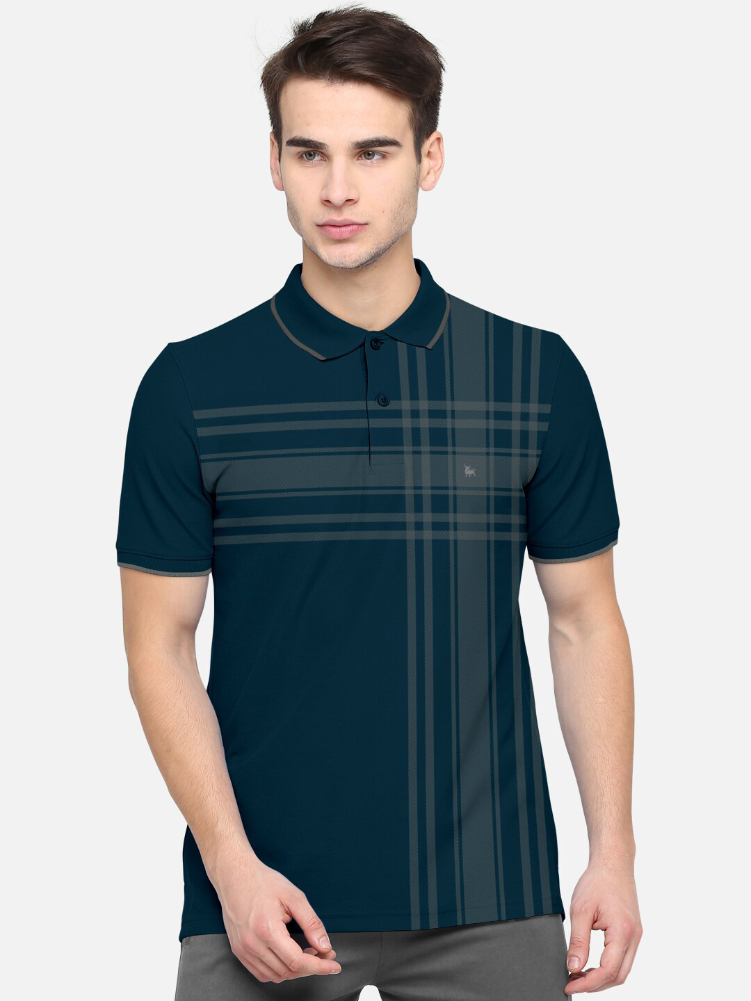 BULLMER Men Navy Blue Striped Polo Collar Bio Finish T-shirt