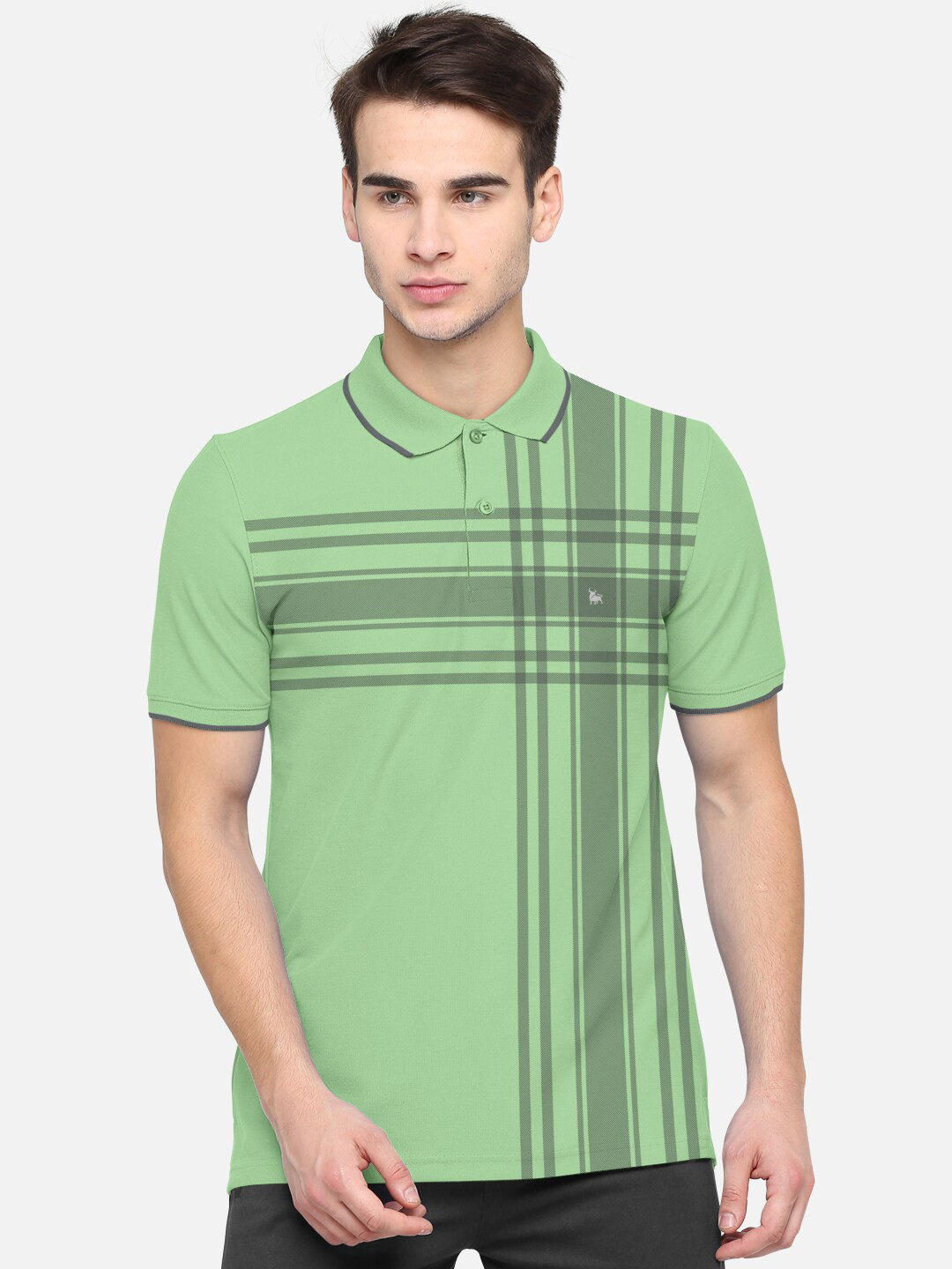 BULLMER Men Green & Grey Striped Polo Collar Bio Finish Cotton T-shirt