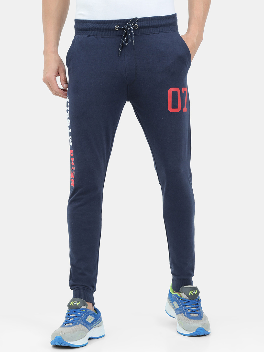 ARDEUR Men Navy Blue & Orange Typography Training Or Gym Joggers