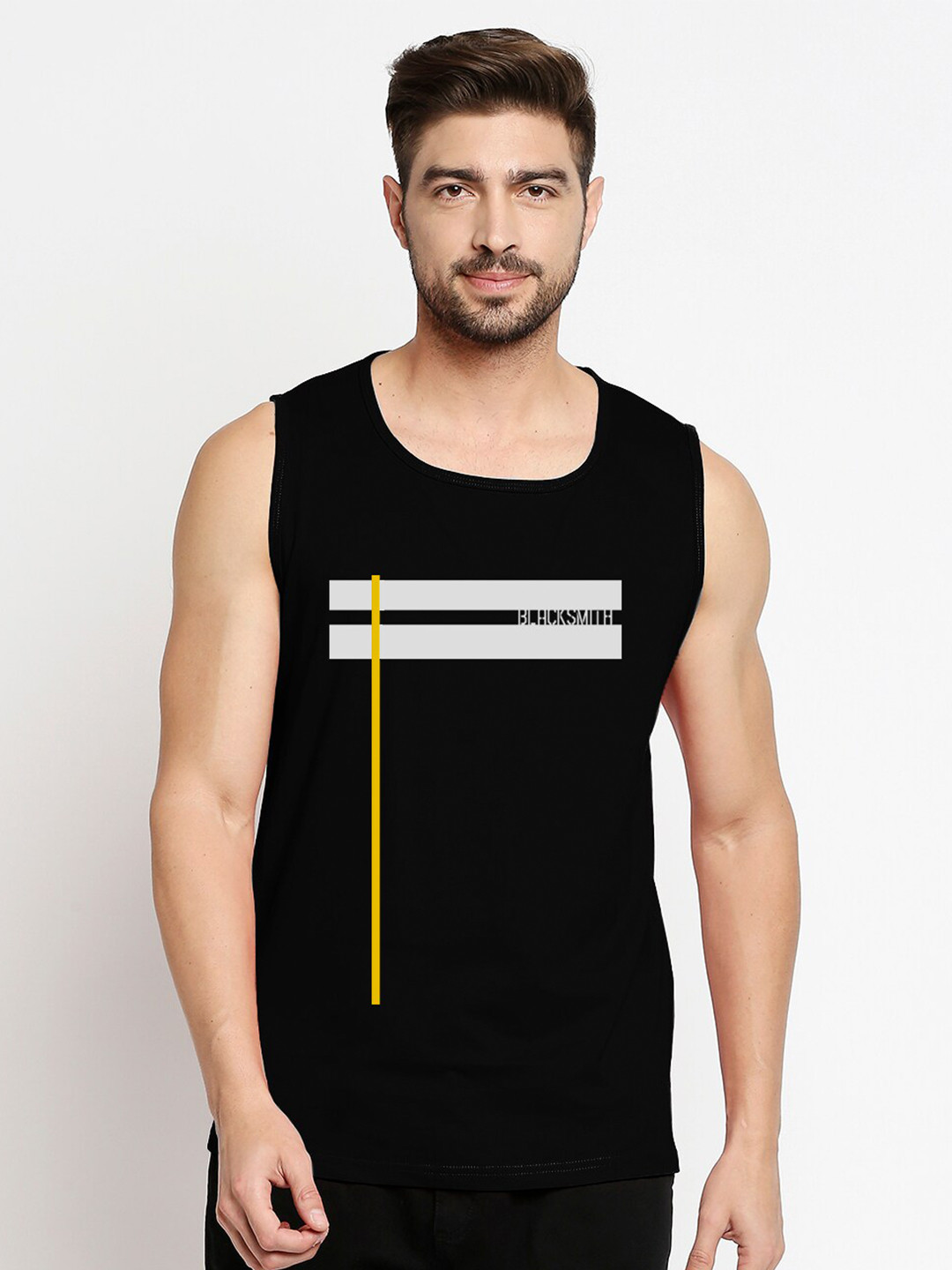 Blacksmith Men Black Printed Sleeveless Training or Gym T-shirt