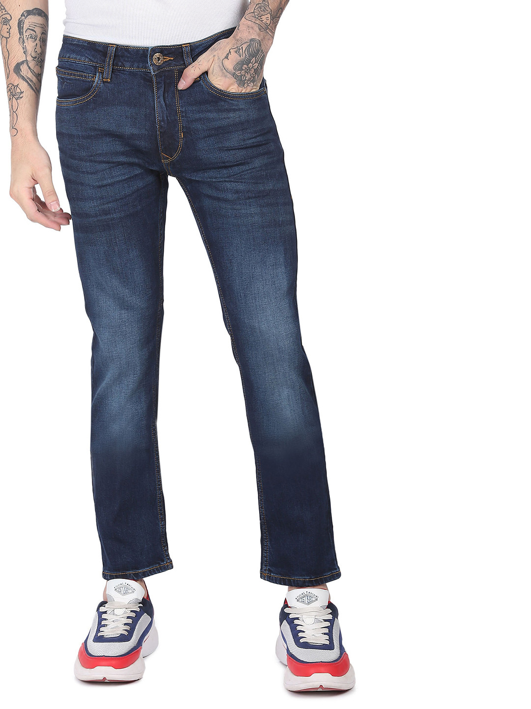 Flying Machine Men Navy Blue Michael Slim Tapered Fit Light Fade Stretchable Jeans