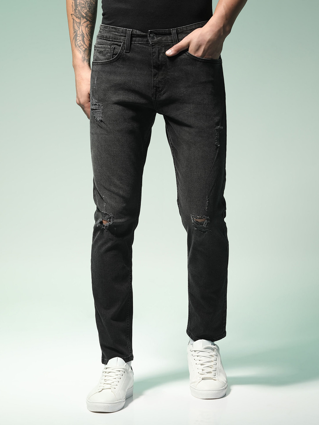 Flying Machine Men Black Michael Slim Tapered Fit Highly Distressed Stretchable Jeans