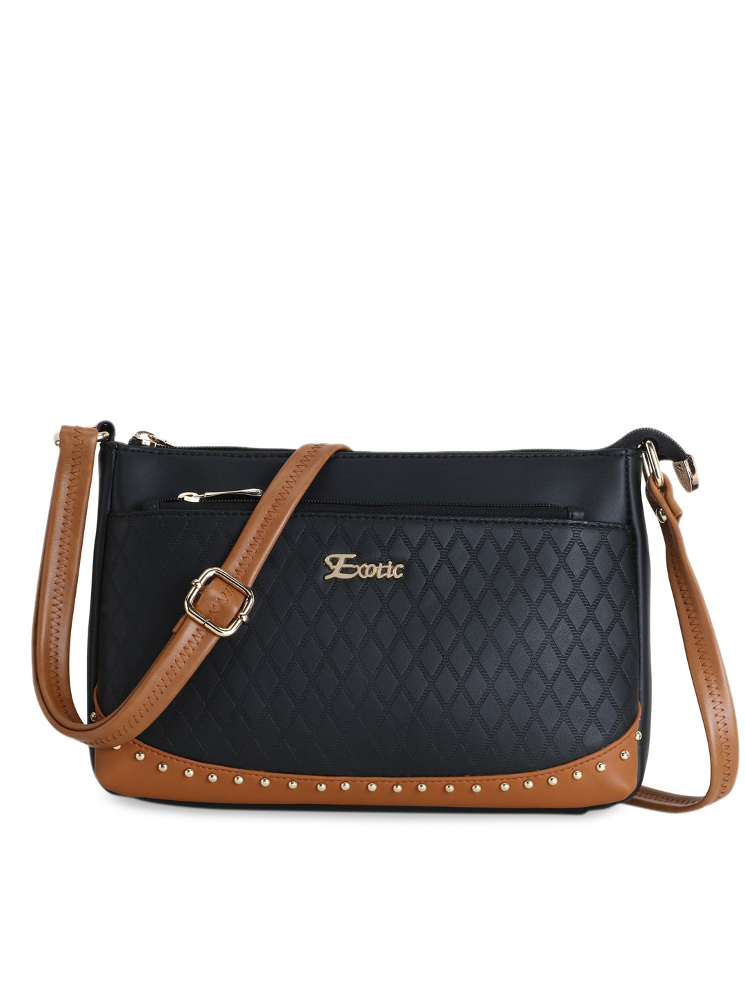 Exotic Women Black & Tan Textured PU Structured Sling Bag