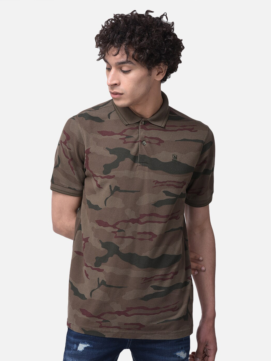 Woodland Men Brown & Olive Green Camouflage Printed Polo T-shirt