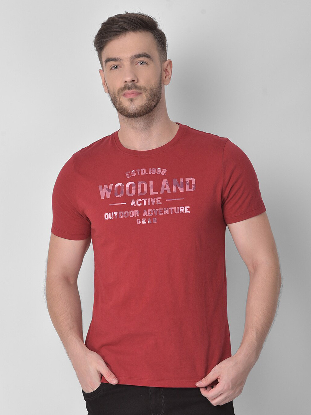Woodland Men Red Typography Printed T-shirt