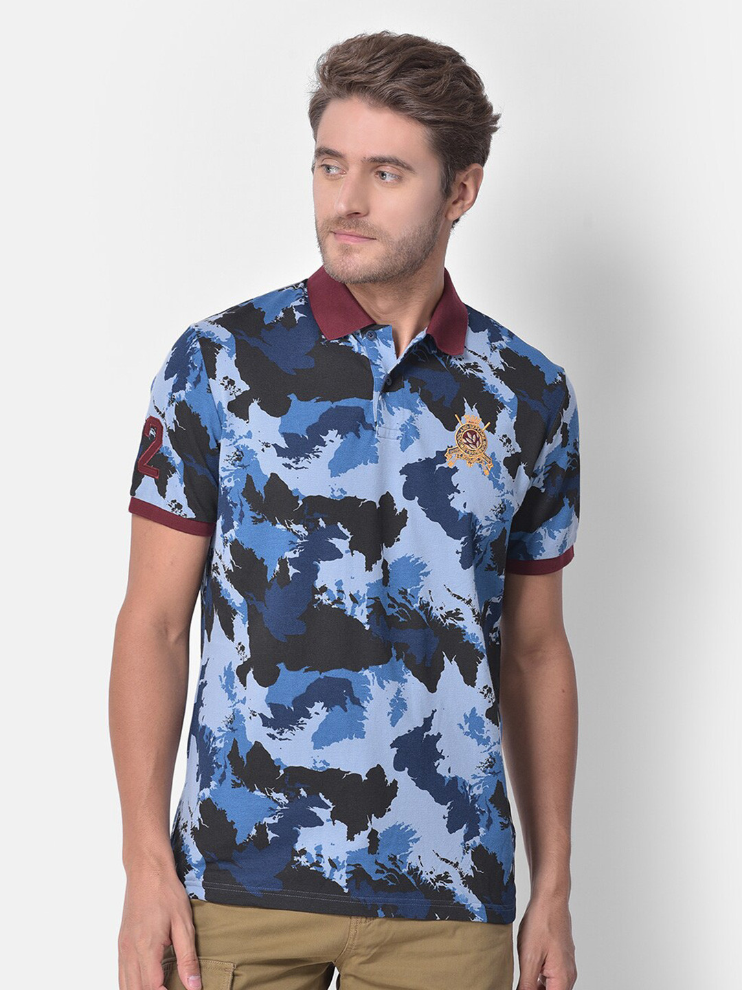 Woodland Men Blue & Black Printed Polo T-shirt