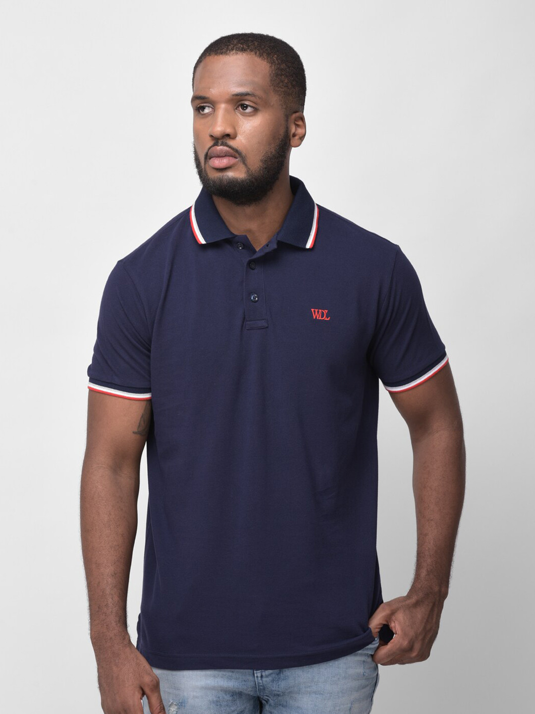 Woodland Men Cotton Navy Blue & White Polo Collar T-shirt