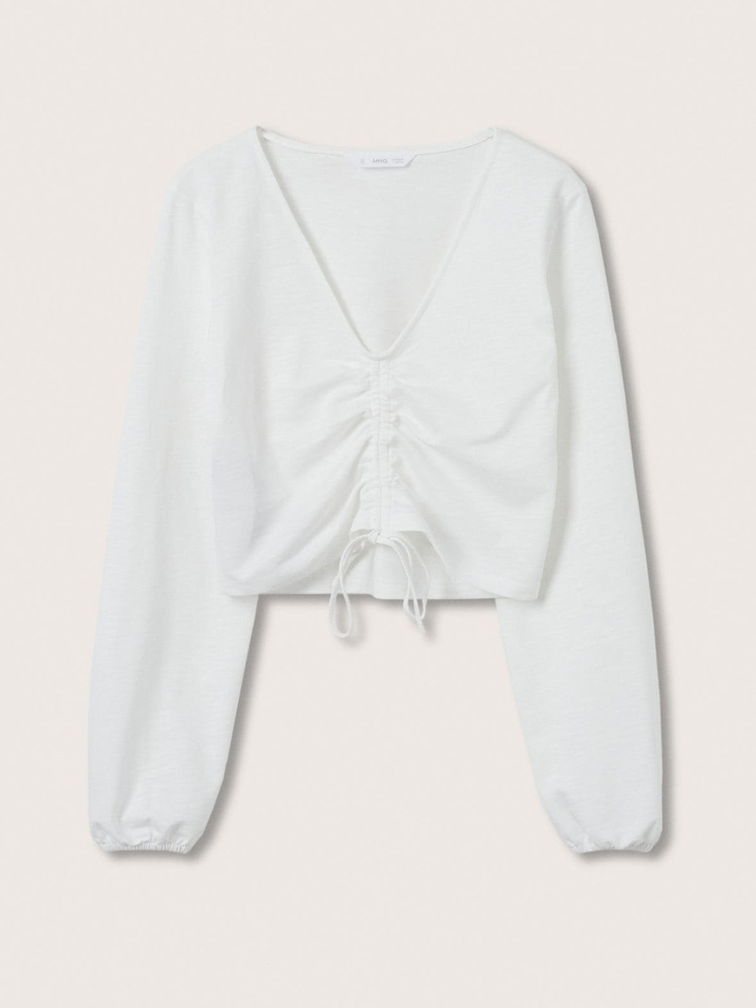 Mango Kids Girls White Solid Ruched Puff Sleeves Pure Cotton Crop Top