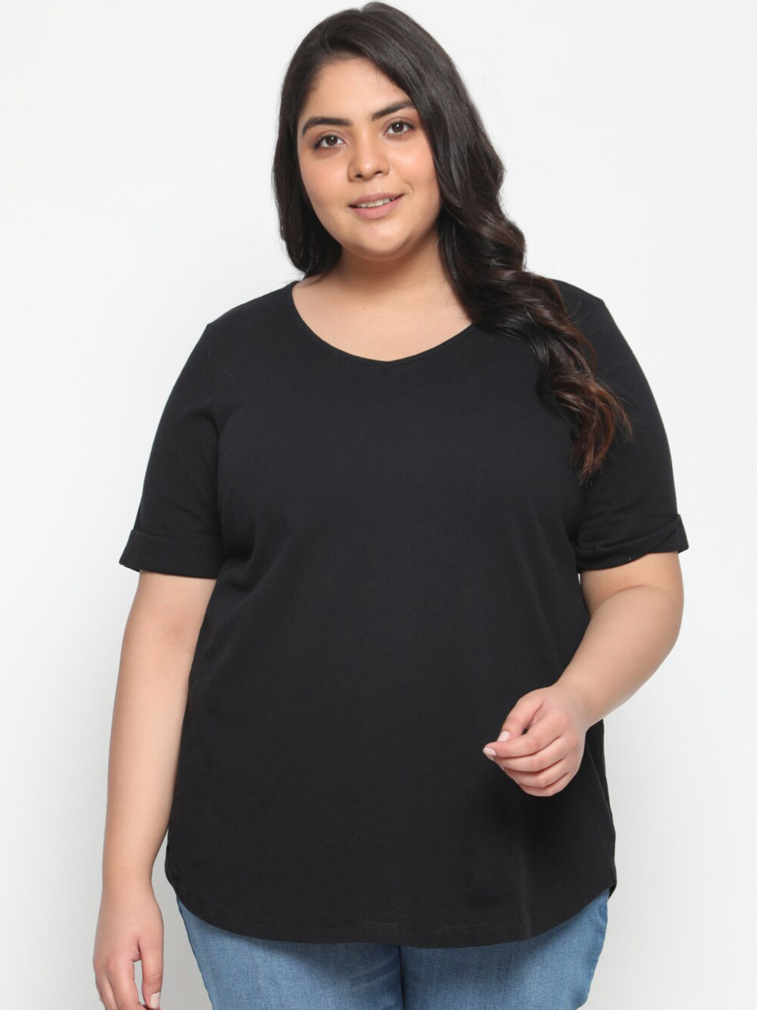 Amydus Women Plus Size Black V-Neck T-shirt